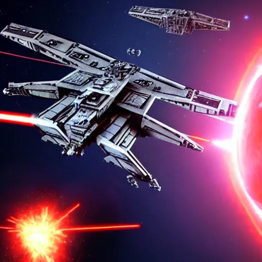 Image similar to Battle between an Imperial Star Destroyer and X-Wing fighters shooting lasers at eachother, the battle takes place inside the atmosphere of a planet