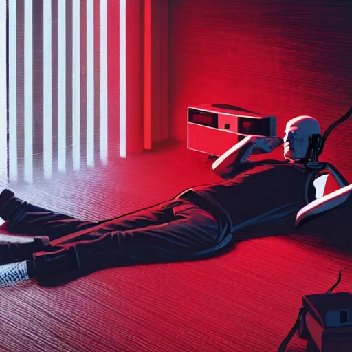 Prompt: agent 4 7 laying down listening to music in front of large stereo speakers surrounded by cables, black background, red rim light, highly detailed, smooth, sharp focus, art by maciej kuciara