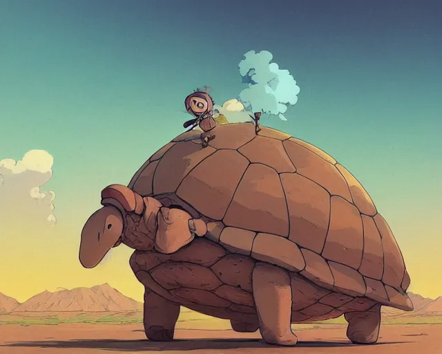 Image similar to a cell shaded cartoon giant turtle from howl's moving castle ( 2 0 0 4 ), on a desert road, illustration, wide shot, subtle colors, post grunge, concept art by josan gonzales and wlop, by james jean, victo ngai, highly detailed, sharp focus, trending on artstation, hq, deviantart, art by artgem