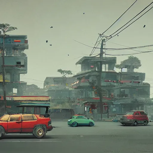 Image similar to hanoi in the style of stalenhag simon