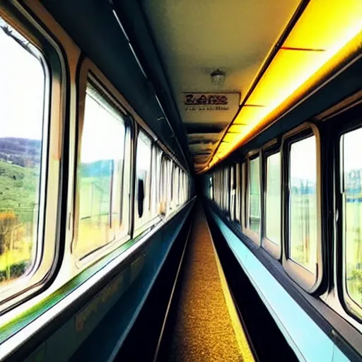 Image similar to a inside of a train hallway the train hallway is empty and train is moving the window view is a sunset view of a beautiful landscape