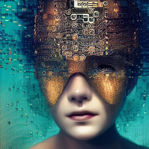 Image similar to tapping in to something greater, piles of modular synth cables, goddess swimming up wearing a headpiece made of circuit boards, by cameron gray, wlop, stanley kubrick, masamune, hideki anno, unique perspective, trending on artstation, 3 d render, vivid