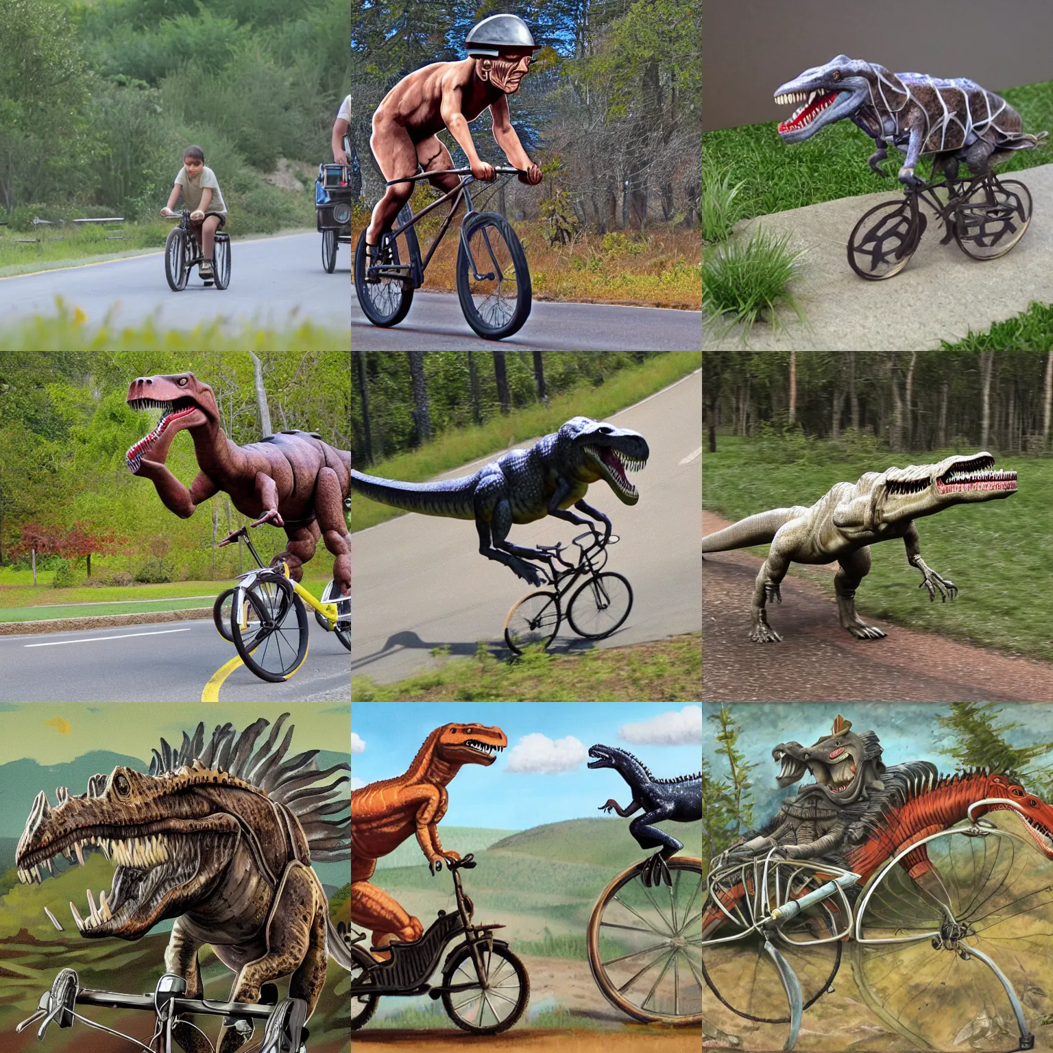 Prompt: allosaurus driving a bicycle