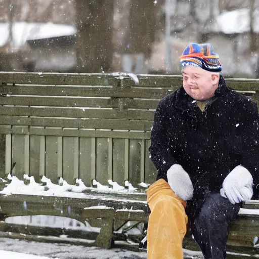 Image similar to Kevin Malone wearing a black beanie hat and black wool overcoat sitting on a park bench during the winter