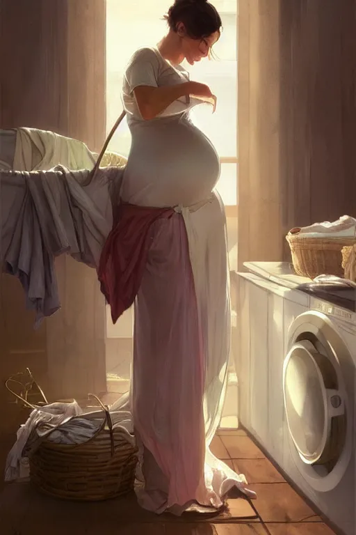 Image similar to portrait of rural pregnant woman doing laundry, digital painting, artstation, concept art, smooth, sharp focus, illustration, art by artgerm and greg rutkowski and alphonse mucha