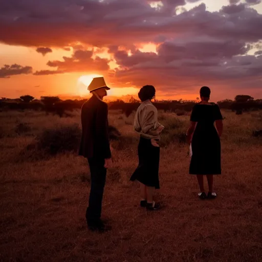 Prompt: a couple of a man and a woman dressed in goyesques looking back at the african savannah at sunset. in the background on the left the ship enterprise approaches. national geographic photography style.