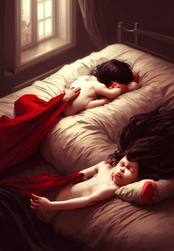 Image similar to a black smoked demon with red eyes floating above the bed of a sleeping child, fantasy magic, dark light night, intricate, elegant, sharp focus, illustration, highly detailed, digital painting, concept art, matte, art by wlop and artgerm and greg rutkowski and alphonse mucha, masterpiece