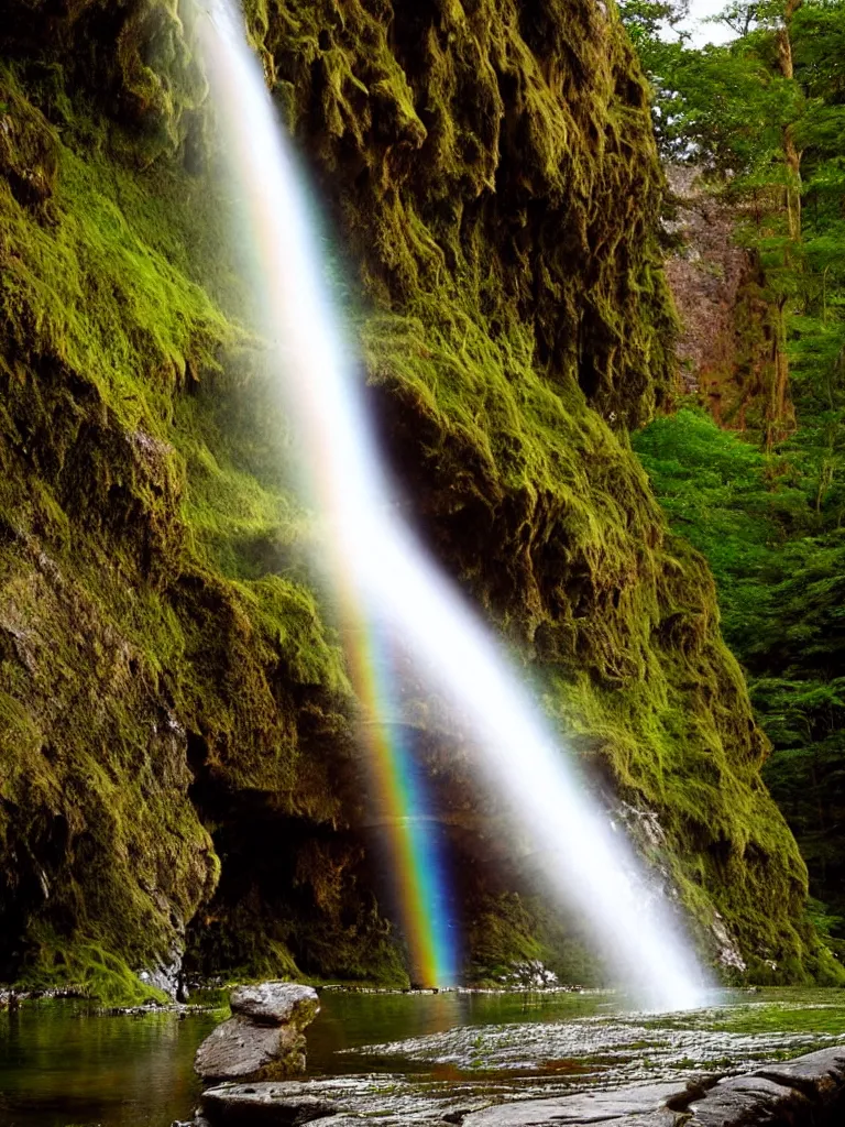 Image similar to artdeco waterfall cascading onto rocks, small rainbow emerging in background, ethereal, beautiful scenery,