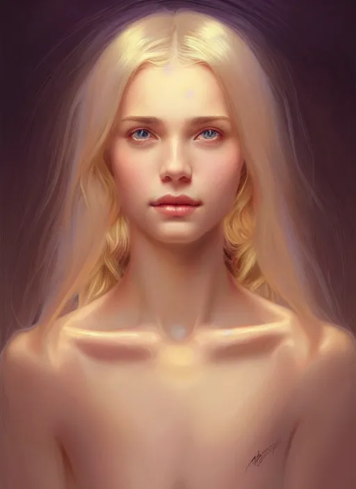 Image similar to beautiful feminine face! portrait of young woman blessed by god with ever - increasing physical mental perfection, blonde, symmetrical! intricate, elegant features, highly detailed, holy perfection!! smile, digital painting, artstation, concept art, smooth, sharp focus, illustration, art by artgerm and greg rutkowski and alphonse mucha