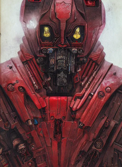 Image similar to portrait of adeptus mechanicus in red hood and robe from Warhammer 40000. Highly detailed, artstation, illustration by and John Blanche and zdislav beksinski and wayne barlowe