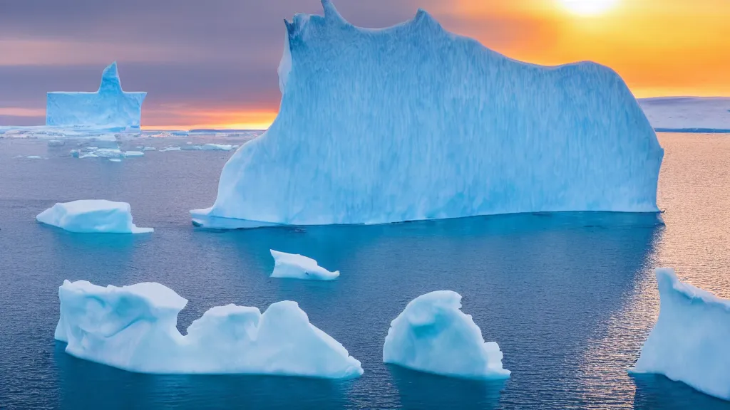 Prompt: photo of the most beautiful panoramic landscape, where a giant iceberg is lost in middle of the artic ocean, a giant penguin is exhaling steam while walking over the iceberg, there is nothing else, the artic ocean is reflecting the giant penguin over the iceberg and the ray lights of the sunset are brightening him, award winning photo, minimal style,