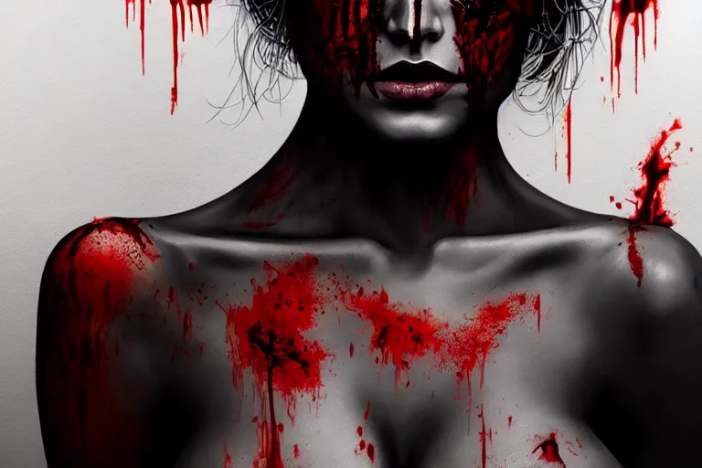 Image similar to surreal Half-body Portrait of beautiful seductive Dark demonic godeness of destruction and war covered in blood , elegant, highly detailed, smooth, photoreal, sharp focus, illustration, beautiful, geometric, dmt trending on artstation, cinematic, artwork by WLOP