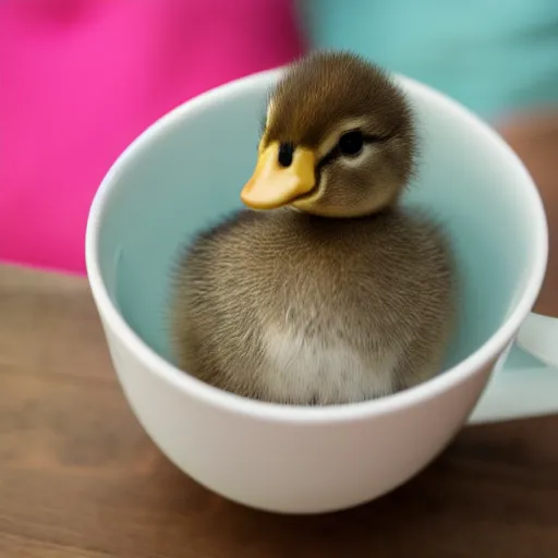 Image similar to cute duckling sitting in a teacup, photography, minimalistic, 8 k