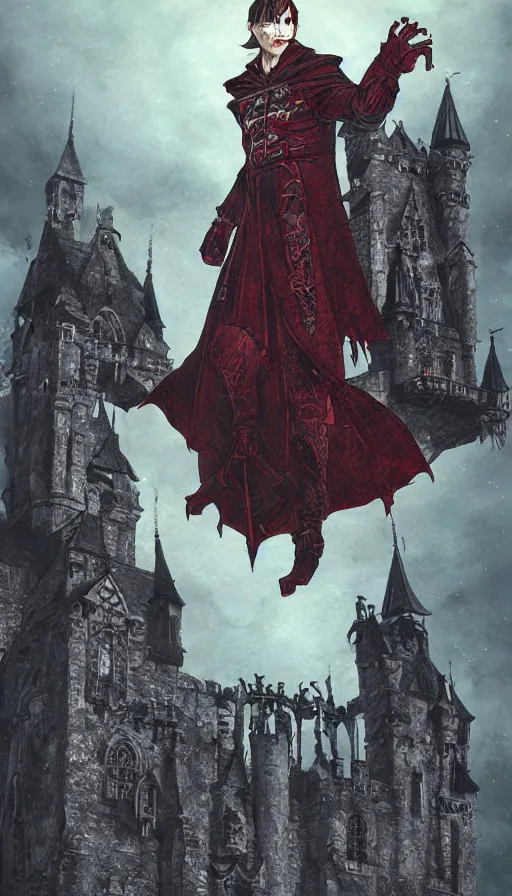 Prompt: Vampire Vladmir Putin over a Medieval Gothic Castle, by Ayami Kojima, studio ghibli, cinematic lighting, intricate, highly detailed, digital painting, trending on artstation, Illustration, epic scale