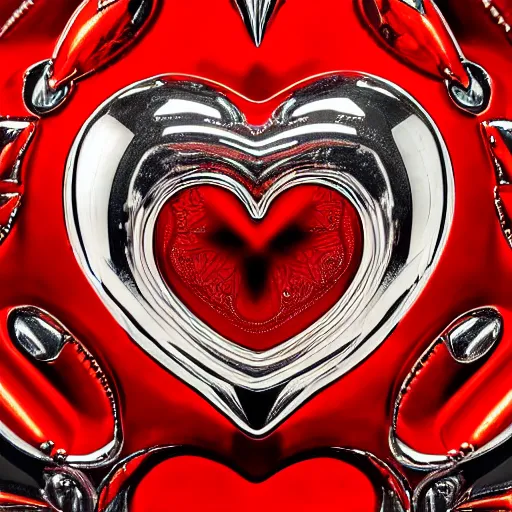 Prompt: a chrome carved heart, highly detailed, red atmosphere, intricate artwork, graphic style of Patrick Gleason very coherent symmetrical artwork, depth of field, bokeh