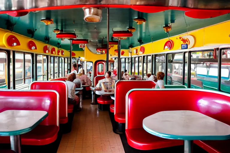 Prompt: 1 9 7 5 googie train themed classic american diner, people sitting at tables, googie architecture, one point perspective, americana, restaurant interior photography, hd 4 k