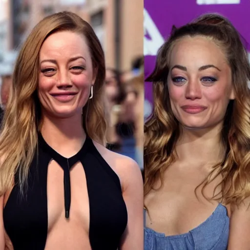 Prompt: a woman who is a genetic combination of jean claude van damme and emma stone and kaley cuoco and karen - delaney and ariana grande, body - face detail, focus on hands, arms, thighs, chest, full figure