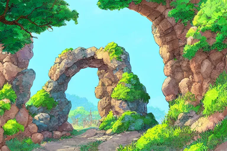 Prompt: natural stone arches with bushes, sunny day, long shot, digital art, in the style of studio ghibli, vivid colors, highly detailed, 8 k, establishing shot, smooth, trending on artstation, illustration, flat colors