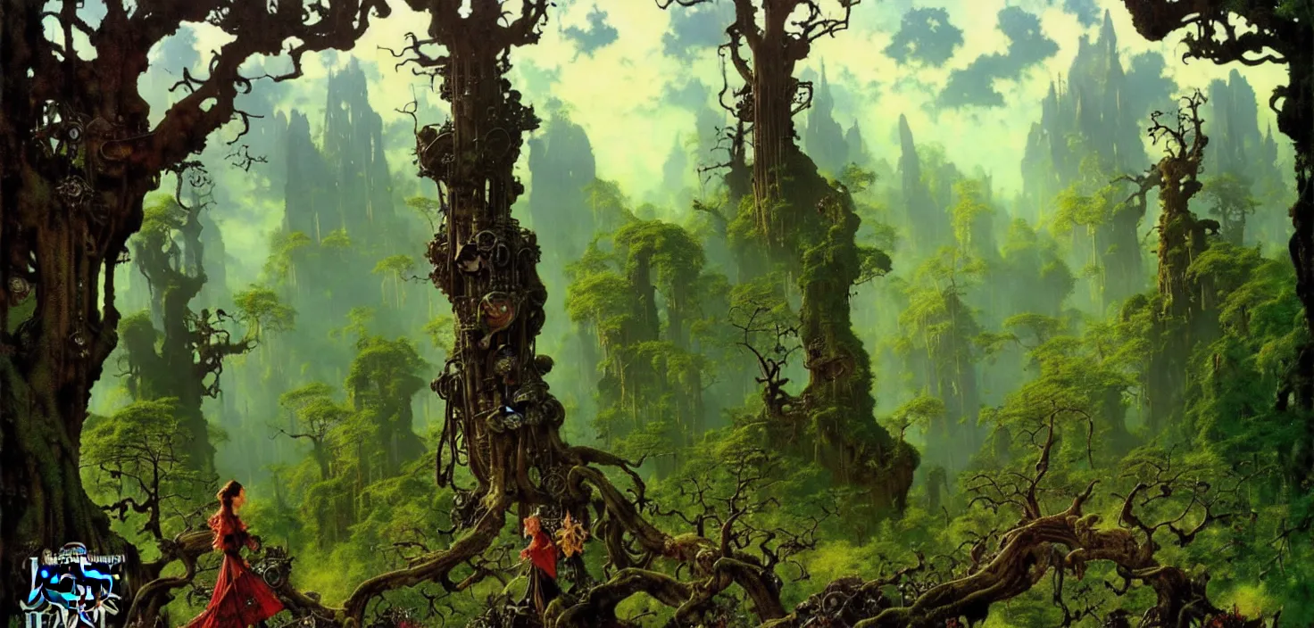 Prompt: exquisite imaginative fantasy landscape lush forests, moody sky, gnarly trees, with steampunk castles movie poster by : : norman rockwell, sargent, james gurney weta studio, trending on artstation james jean frank frazetta