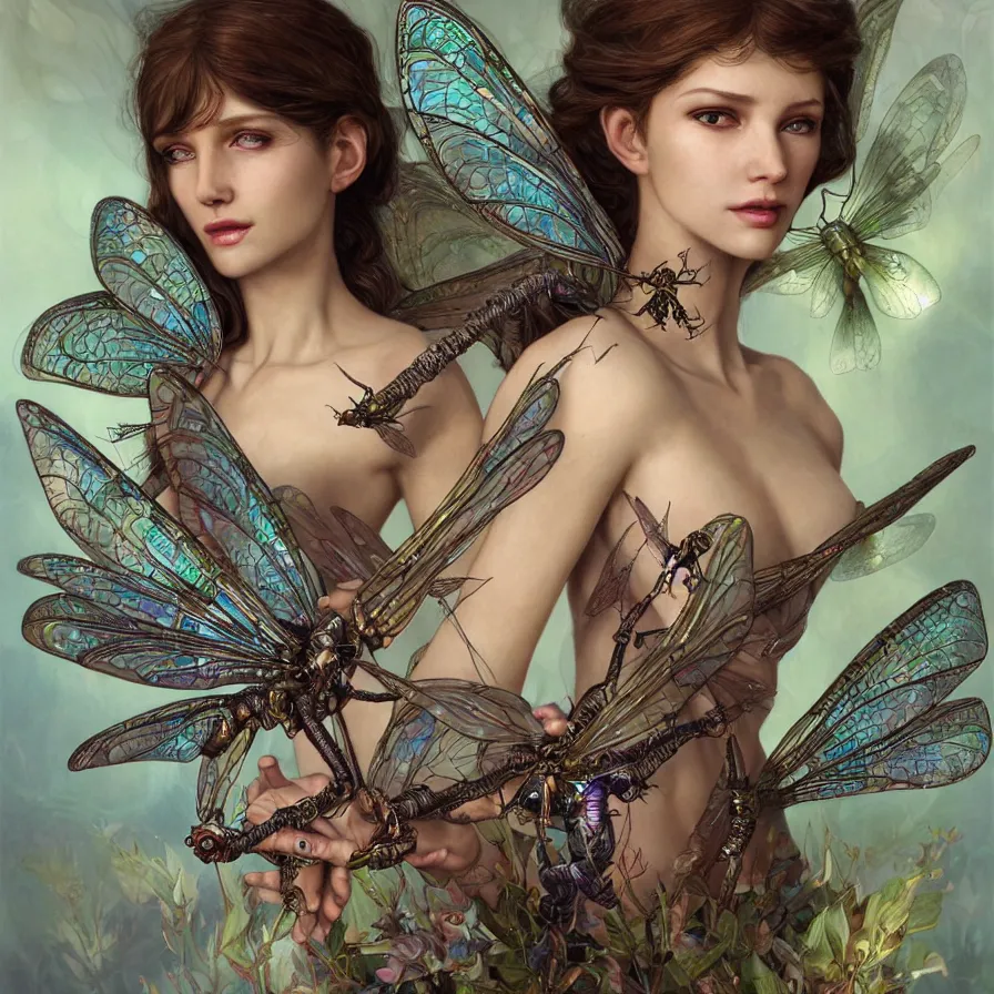 Image similar to organic cyborg fairy with dragonfly wing, crystal sculpture, fashion style, diffuse lighting, fantasy, intricate, elegant, highly detailed, lifelike, photorealistic, digital painting, artstation, illustration, concept art, smooth, sharp focus, by john collier and albert aublet and krenz cushart and artem demura and alphonse mucha.