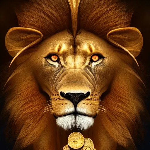 Image similar to a beautiful detailed 3 d matte portrait of a lion, by justin gerard, ominous, magical realism, texture, intricate, skull, skeleton, gold coins, money, whirling smoke, radiant colors, fantasy, volumetric lighting, high details