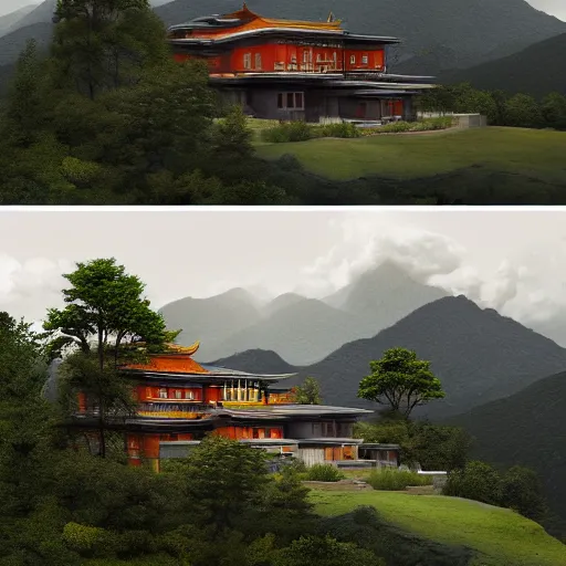 Prompt: modernist house inspired by a tibetan palace, overlooking a valley, big trees, clouds, dramatic lighting, artstation, matte painting, raphael lacoste, simon stalenhag, frank lloyd wright, drone view