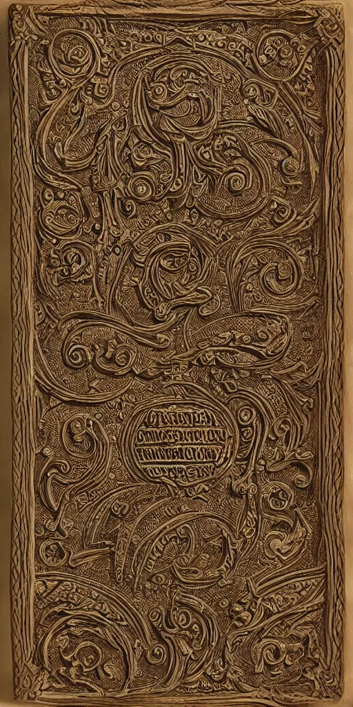 Prompt: A highly detailed and intricate image of an ancient, dusty grimoire, leather bound, carved lettering, three color scheme, 3d render, 4k, dark arts,