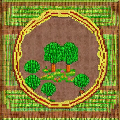 Image similar to pixel art forest scene with golden rings in the ground