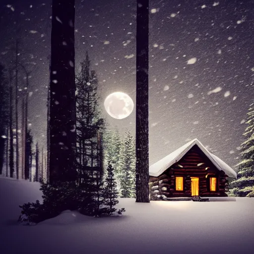 Image similar to Cabin in the woods, photography, nighttime, bright moon, snow, snowy trees, snow storm, Lights from inside the house, raytracing, godrays, smokey chimney, cozy, forest, trees, 8k