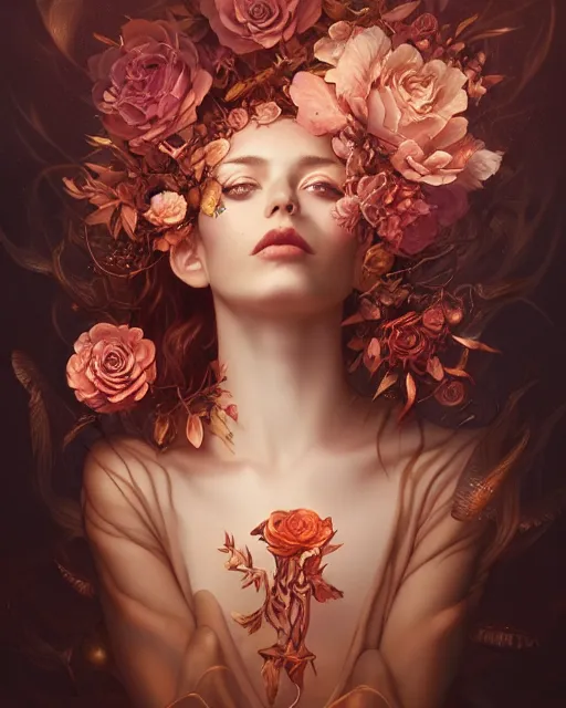 Prompt: rose gold caved mahogany beauty portrait, fauna flora explosion of beautiful petals, radiant light, artgerm, peter mohrbacher, fantasy art