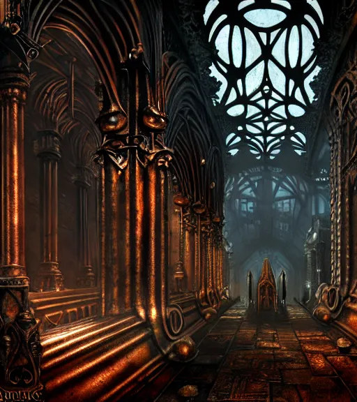 Image similar to steam necropolis, memento mori, gothic, neo - gothic, art nouveau, hyperdetailed copper patina medieval icon, stefan morrell, philippe druillet, ralph mcquarrie, concept art, steampunk, unreal engine, detailed intricate environment, octane render, moody atmospherics, volumetric lighting, ultrasharp, ominous, otherworldly