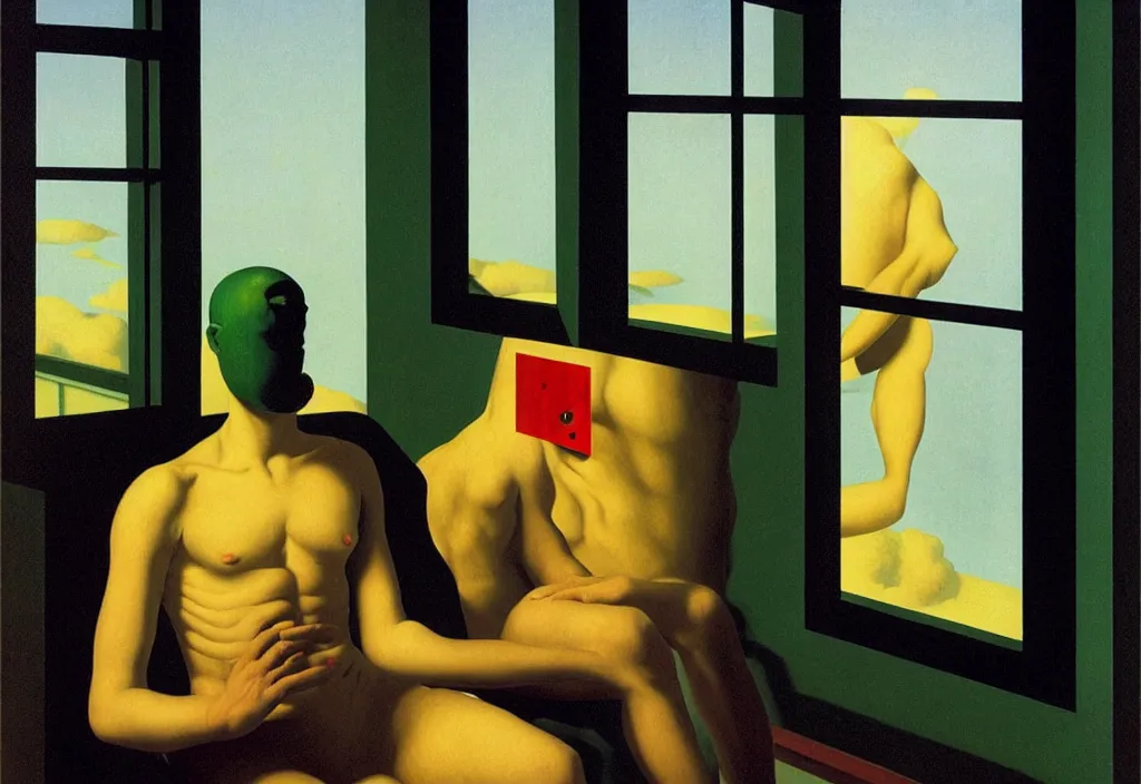 Prompt: window eyes, blood enriched by iron, penetrated and scorched, one must withhold he celebrated his doom, avant garde post - morden monumental dynamic interior portrait by magritte and edward hopper, illusion surreal art, highly conceptual figurative art, intricate detailed illustration, controversial poster art