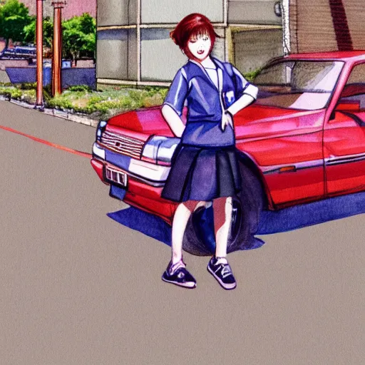 Image similar to a perfect, realistic professional digital sketch of two Japanese schoolgirls posing and 80s car, in style of Marvel, full length, by pen and watercolor, by a professional American senior artist on ArtStation, a high-quality hollywood-style sketch, on high-quality paper