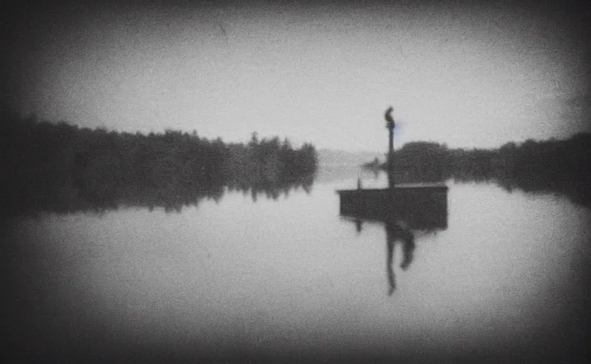 Prompt: something strange happened on the lake, mystic, melancholy, pinhole analogue photo quality, lomography, blur, unfocus, cinematic, foil effect, holographic effect, monochrome