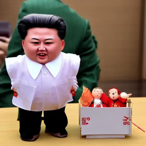 Prompt: screaming kim jong un doll having a picnic with jimin doll