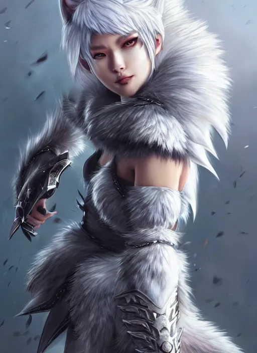 Prompt: warrior, fur - lined wolf armor!!! gorgeous and elegant white hair female!! monster hunter!! character concept art, sharp focus, octane render! unreal engine 5! highly rendered!! trending on artstation!! detailed linework!! illustration by artgerm, wlop, and chie yoshii