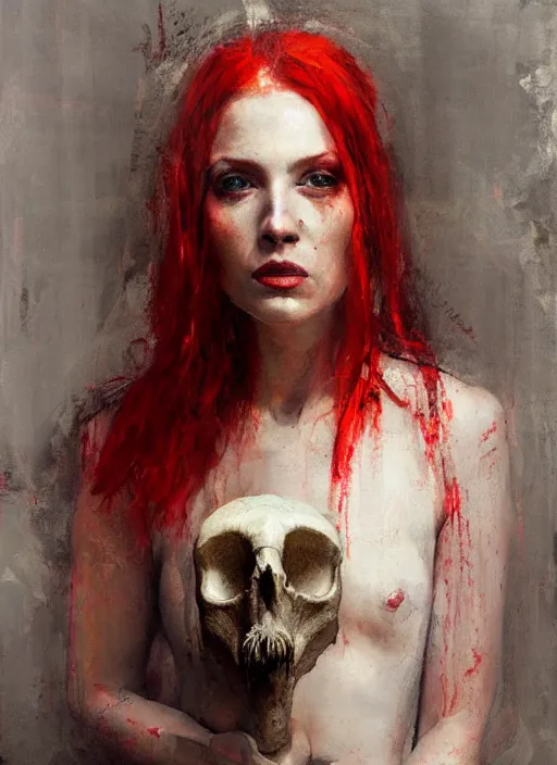 Image similar to portrait painting of beautiful red head ancient irish celtic priestess holding a dinosaur skull, by jeremy mann, only one head single portrait