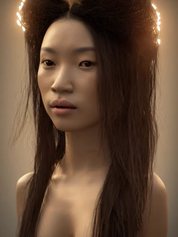 Image similar to 3d render Portrait of a woman, Chinese-French mixed race, one quarter French, three quarters Chinese minority, subtropical ethnicity, ivory skin, dark brown long hair, dark brown eyes, wearing fantasy costume,intricate, elegant, highly detailed, dim volumetric lighting, abstract, 8k,octane,post-processing,digital painting, trending on artstation, concept art, smooth, sharp focus, by greg rutkowski and alphonse mucha
