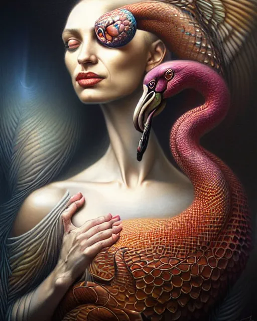 Image similar to a detailed portrait of dreampunk flamingo python hybrid mix beautiful! goddess by tomasz alen kopera and peter mohrbacher