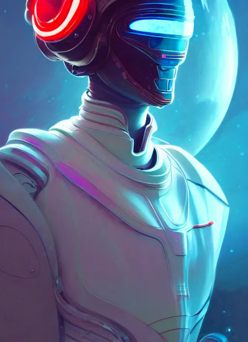 Prompt: a futuristic cyber astronaut, sci fi, glowing aura, volumetric lights, red and cyan theme, art nouveau alien botanicals, intricate, highly detailed, digital painting, artstation, concept art, smooth, sharp focus, cinematic, illustration, beautiful face, art by artgerm and greg rutkowski and alphonse mucha