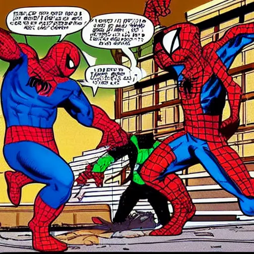 Image similar to a wwe wrestling match between Spider-Man and giant can of Raid, circa 1988