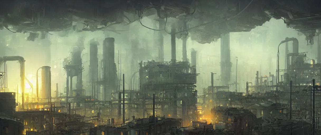 Prompt: dystopian city of factories, lots of smoke rising from chimneys, concept art, digital painting, style of jordan grimmer, dark green lighting, futuristic, volumetric lighting, view from below, symmetrical, vivid colours, bright, daytime, godrays, high detail