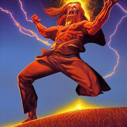 Prompt: 🤘, lightning strike, artwork by greg hildebrandt, dynamic lighting