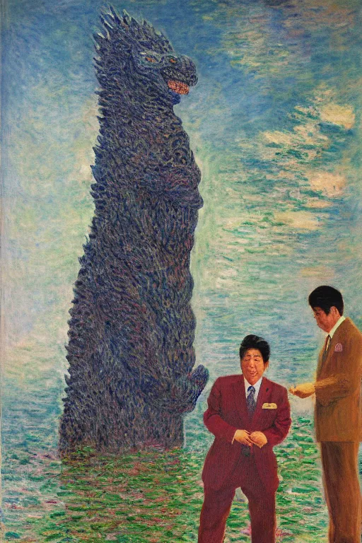 Image similar to shinzo abe with body of Godzilla painting by claude monet