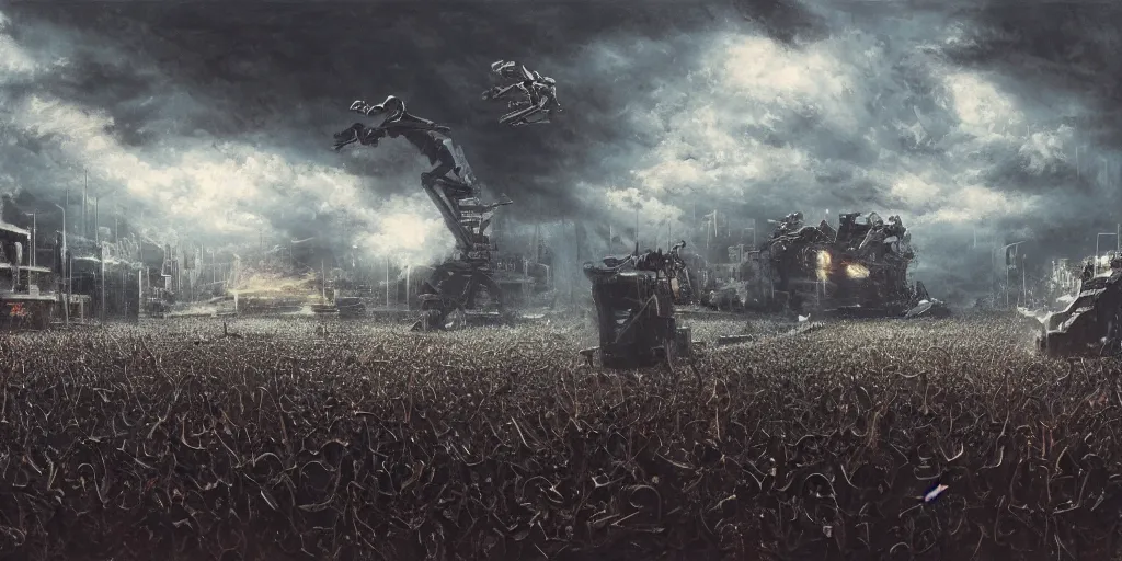 Prompt: concept art, of a close view of [ rage against the machine ] band memebers!!! humans fighting with robots!!!, concert, detailed, close shot, dark concept art, dark skies painting by wlop, nixeu and greg rutkowski, beautiful, semirealism, artstation, octane render, oil painting, sharpness, 8 k, golden ratio