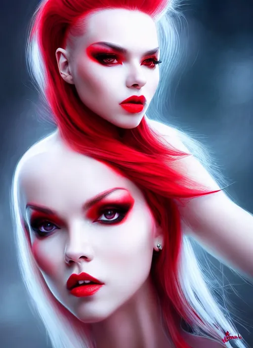 Image similar to photo of kerli koiv with red and white ombre in the style of stefan kostic, realistic, half body shot, sharp focus, 8 k high definition, insanely detailed, intricate, elegant, art by stanley lau and artgerm, foggy backgeound