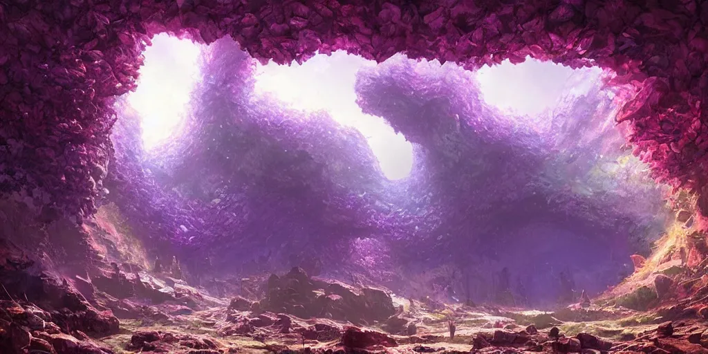 Image similar to zoomed out landscape, beautiful hyper realistic zergling tunnel in cave of purple crystals, beautiful painting by greg rutkowski, atmosphere, ethereal, magic, amazing, positive vibes