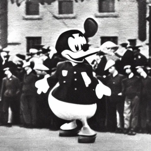 Image similar to historic colorized photograph of colorful donald duck at a nazi parade in 1 9 3 6