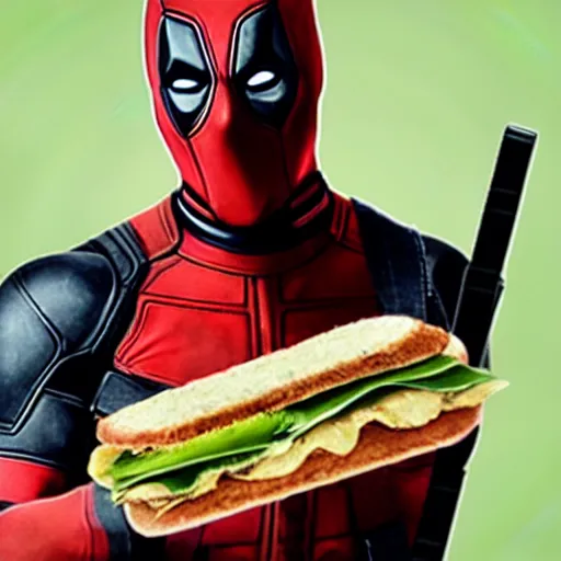 Prompt: deadpool eating a subway sandwhich photorealistic