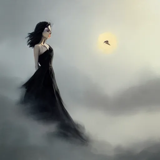 Image similar to morning, a woman in a black dress with a raven head. no face. sun, cinematic, clouds, vogue cover style, contracting colors mood, realistic painting, intricate oil painting, high detail, figurative art, poster art, by simon bisley, ismail inceoglu, wadim kashin, filip hodas. pixar theme.